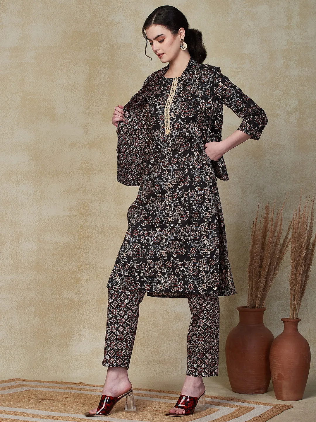 Ethnic Floral Printed Straight Kurta & Pant with Quilted Printed Jacket - Black