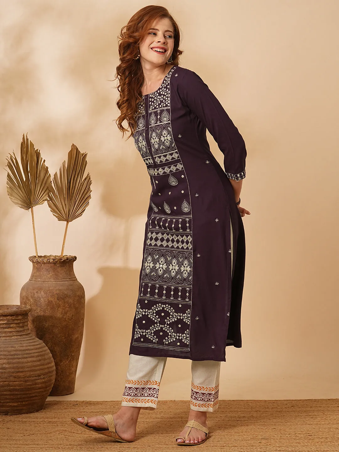 Ethnic Floral Zari & Mirror Embroidered Straight Fit Kurta - Brown