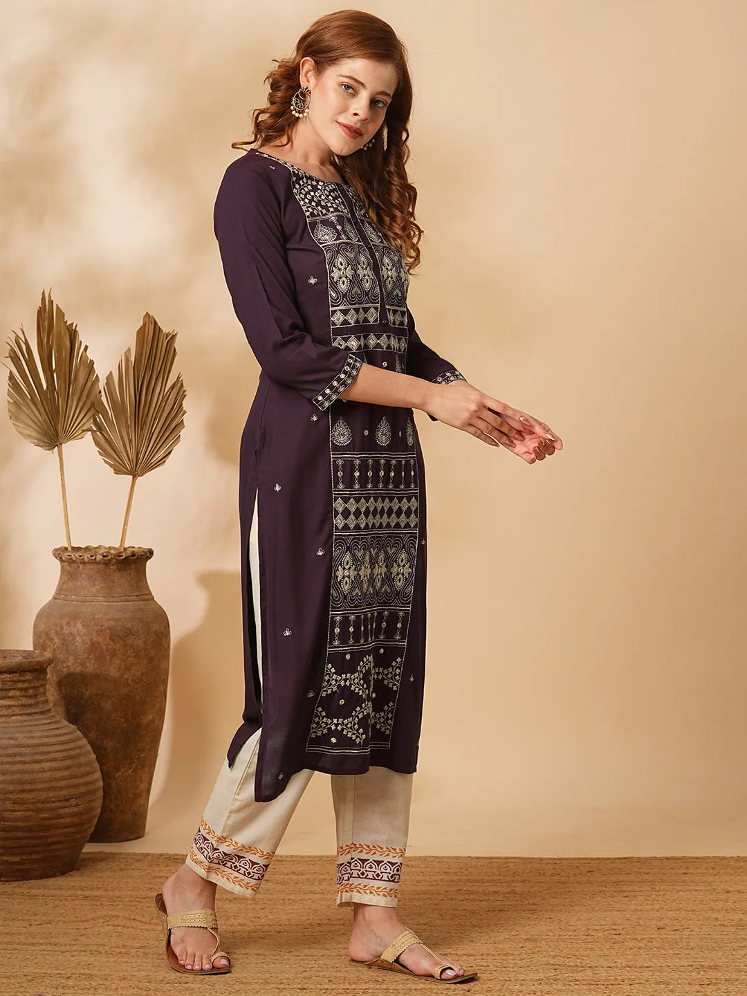 Ethnic Floral Zari & Mirror Embroidered Straight Fit Kurta - Brown