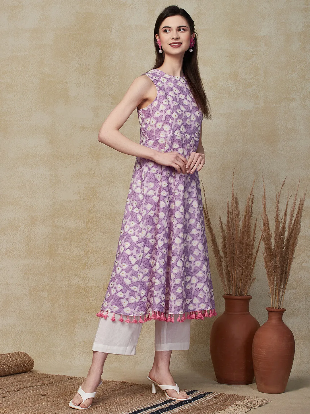 Ethnic Foil Printed A-Line Flared Kurta with Palazzo - Lavender