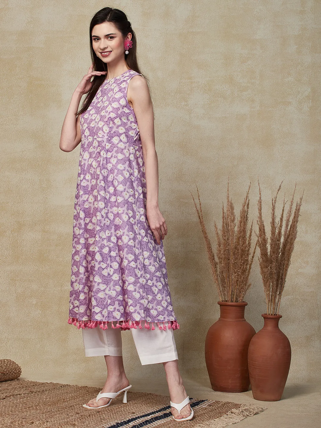 Ethnic Foil Printed A-Line Flared Kurta with Palazzo - Lavender