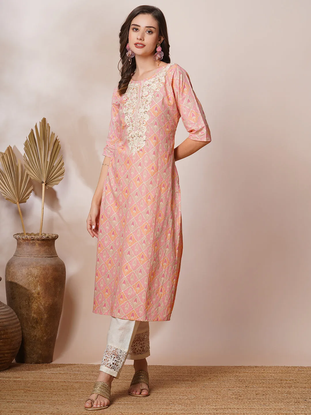 Ethnic Foil Printed & Chikankari Embroidered Straight Fit Kurta - Peach