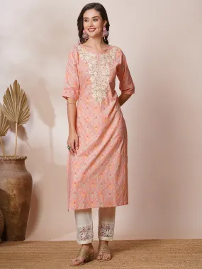 Ethnic Foil Printed & Chikankari Embroidered Straight Fit Kurta - Peach