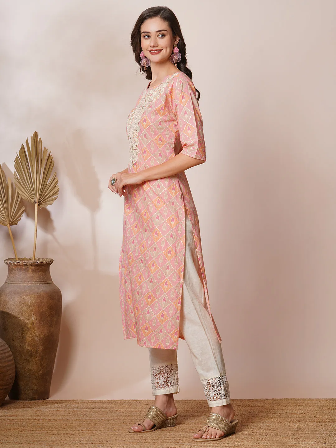 Ethnic Foil Printed & Chikankari Embroidered Straight Fit Kurta - Peach