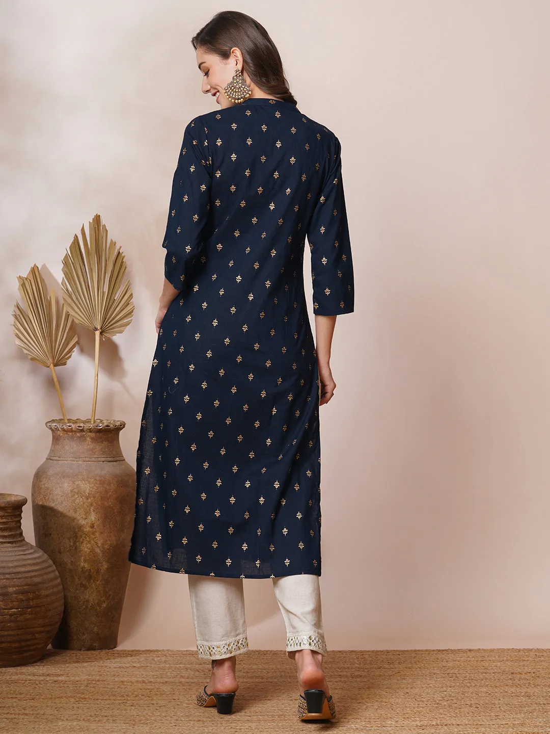 Ethnic Foil Printed & Embroidered Straight Fit Kurta - Navy Blue