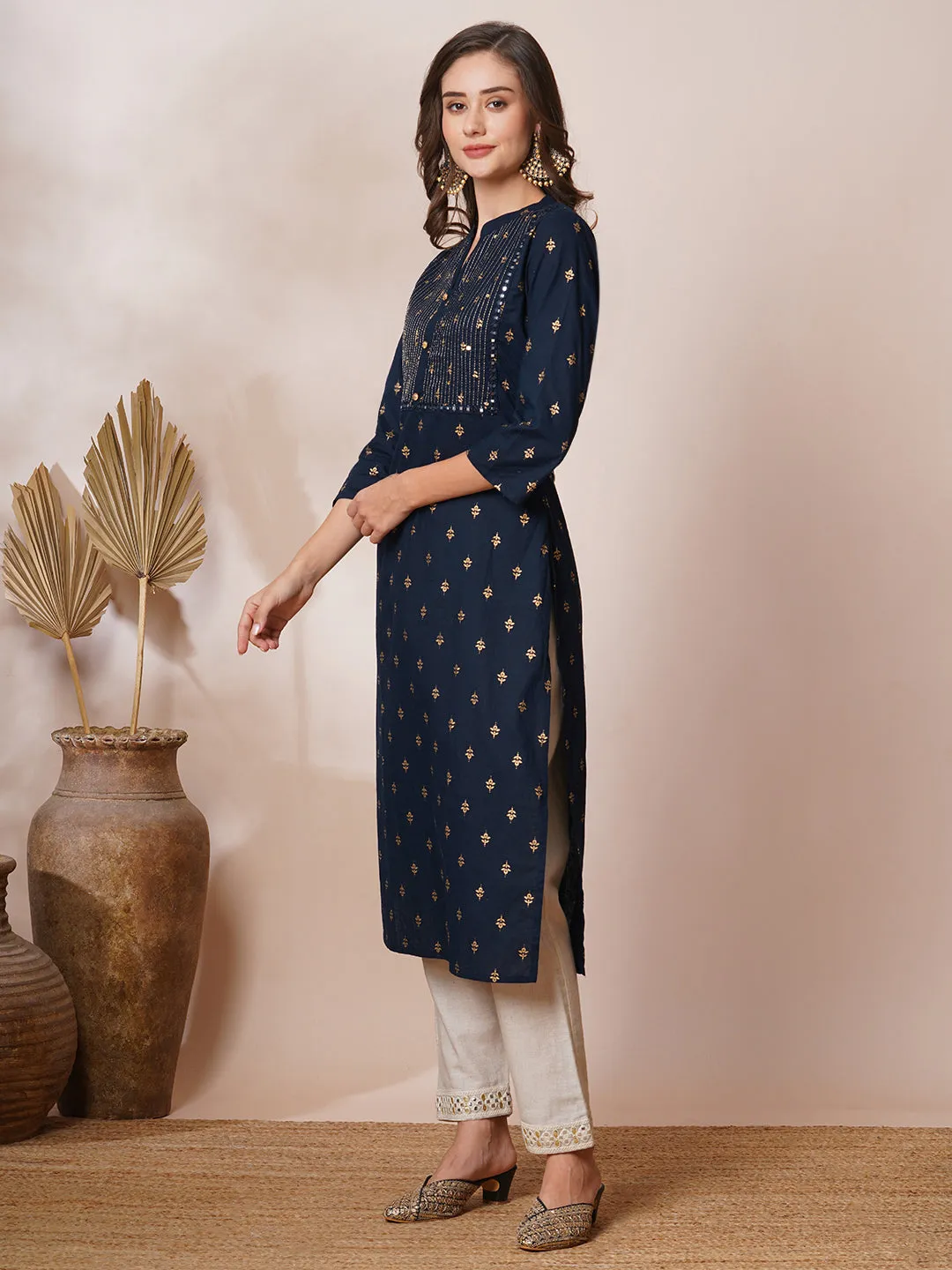 Ethnic Foil Printed & Embroidered Straight Fit Kurta - Navy Blue