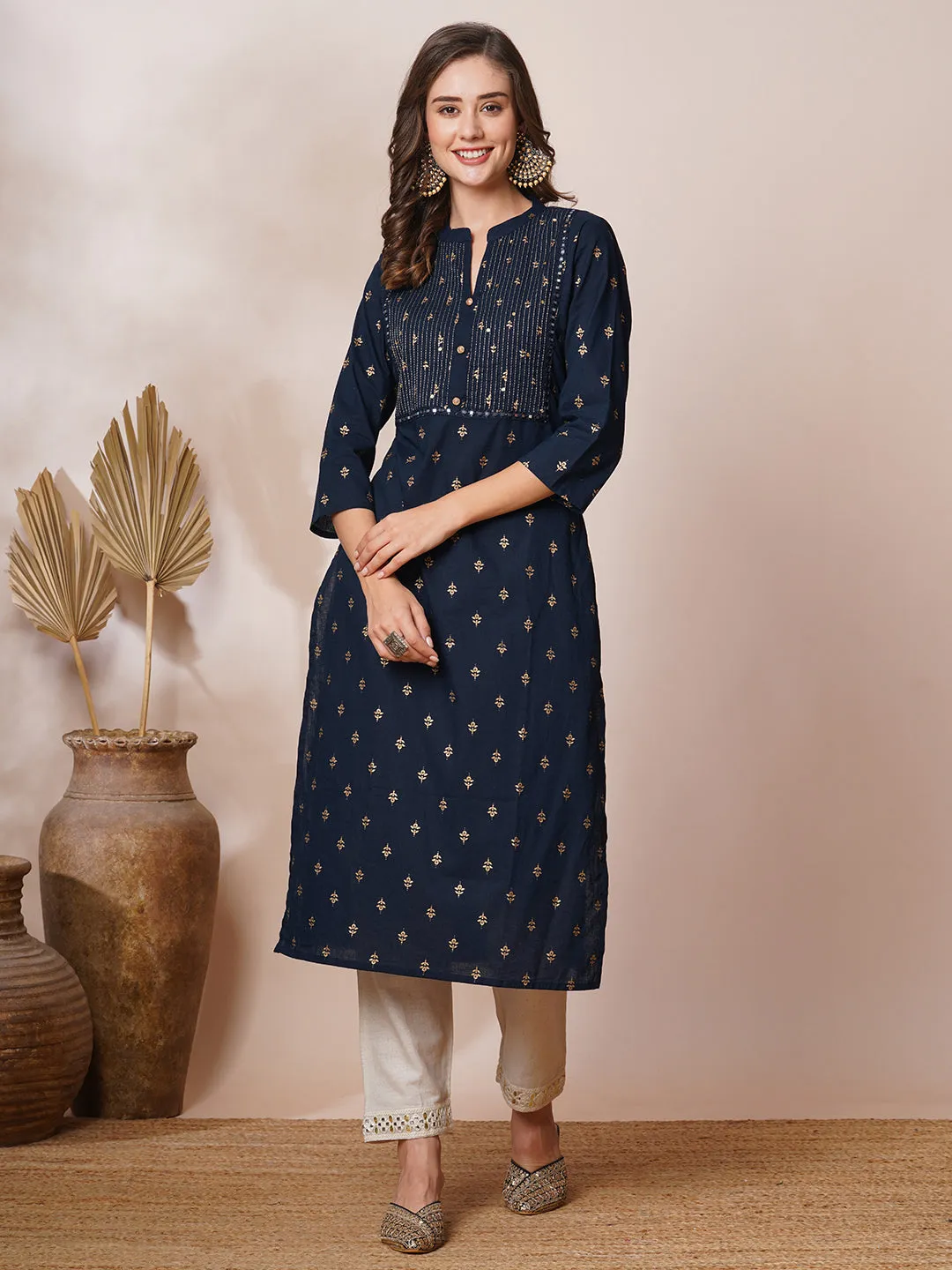 Ethnic Foil Printed & Embroidered Straight Fit Kurta - Navy Blue