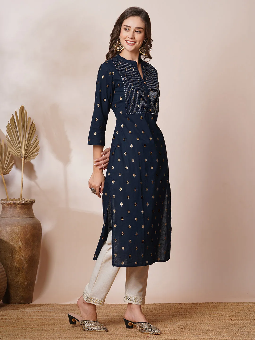 Ethnic Foil Printed & Embroidered Straight Fit Kurta - Navy Blue