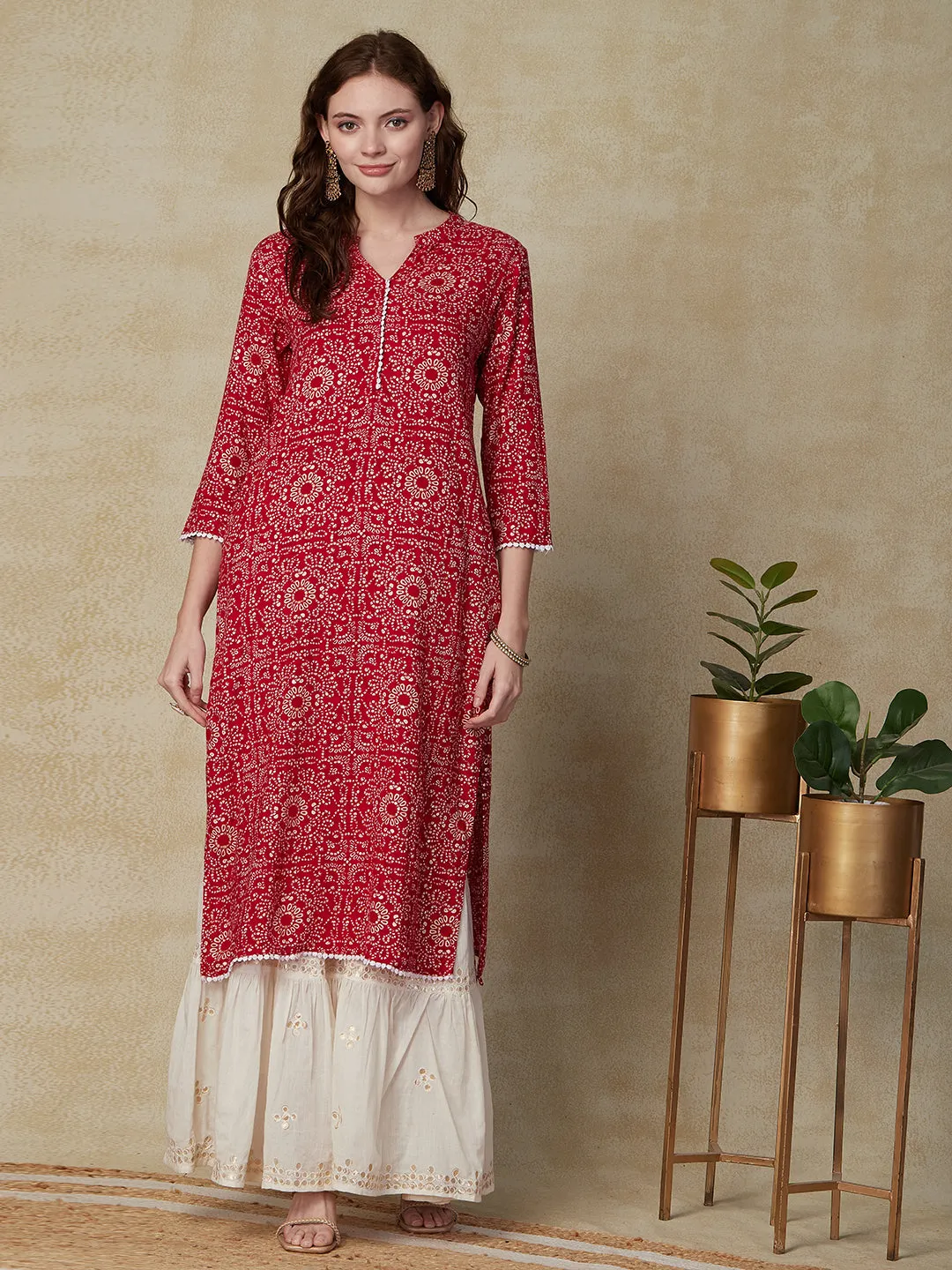 Ethnic Foil Printed Lace Embellished Kurta - Red