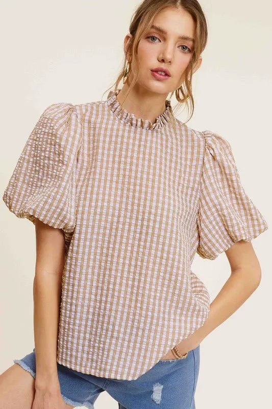 Gingham Check Print Puff Sleeve Top