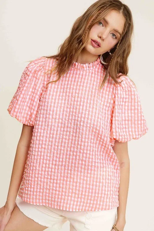 Gingham Check Print Puff Sleeve Top