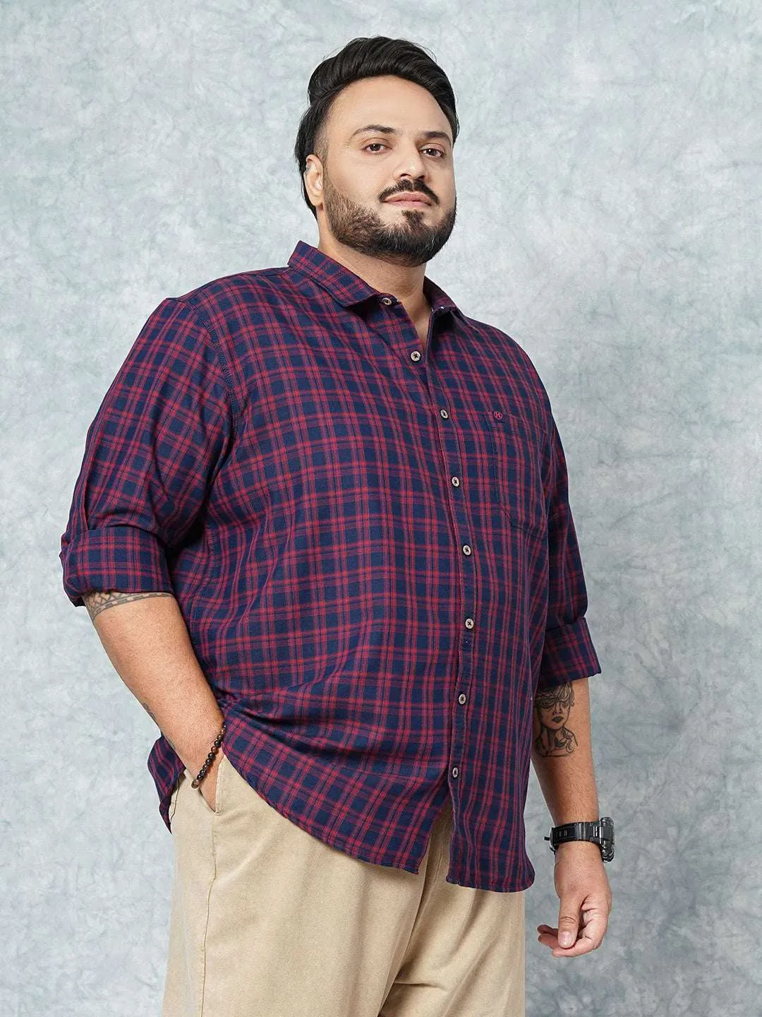 Hardsoda Men Navy Plus Size Checked Casual Shirt