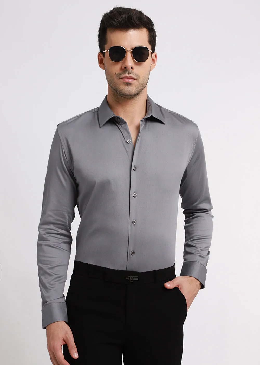 Stylish Hybrid Gray Satin Shirt for Effortless Elegance