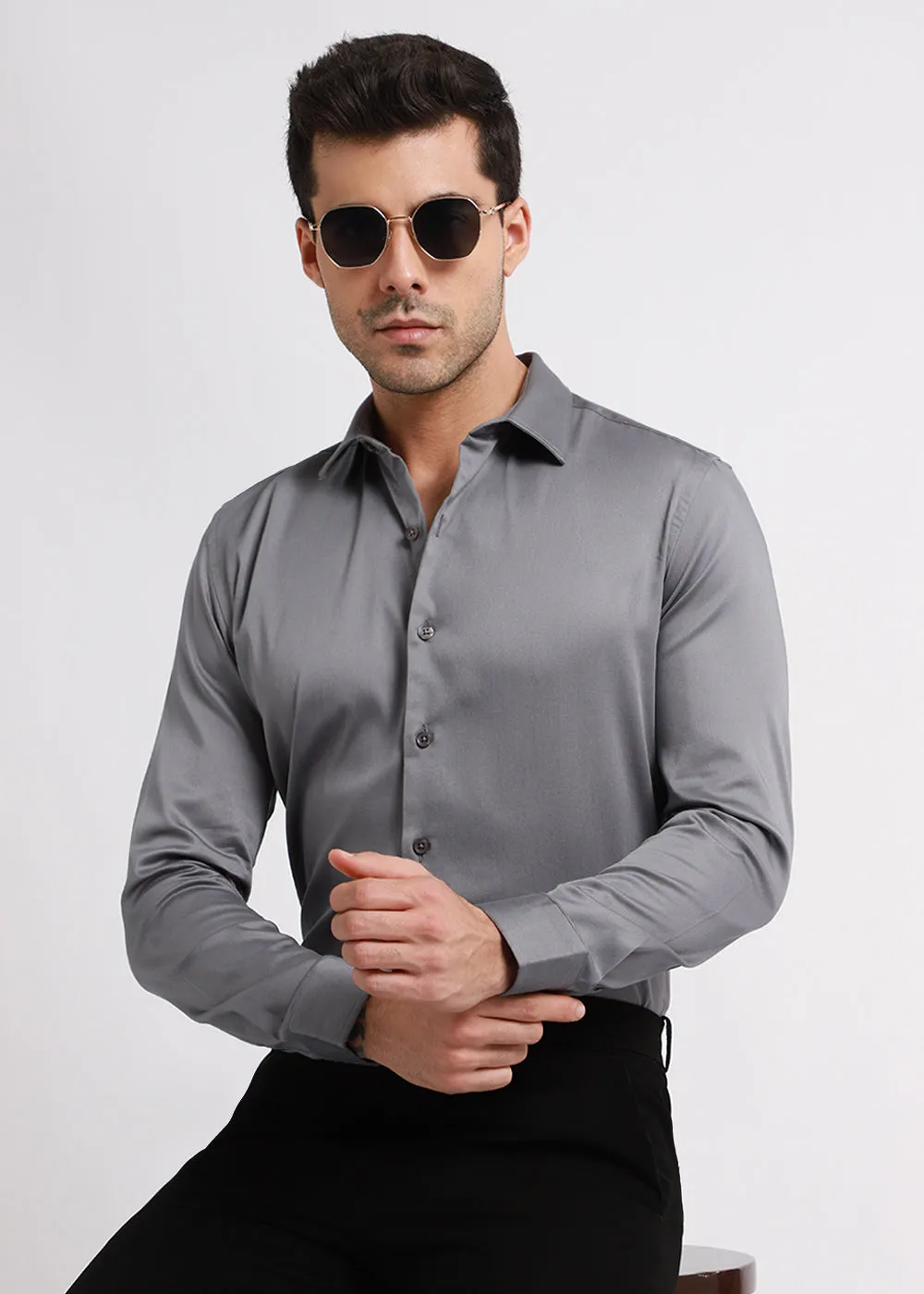 Stylish Hybrid Gray Satin Shirt for Effortless Elegance