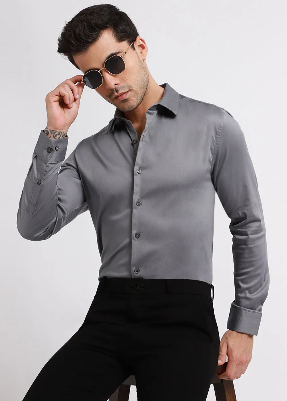 Stylish Hybrid Gray Satin Shirt for Effortless Elegance