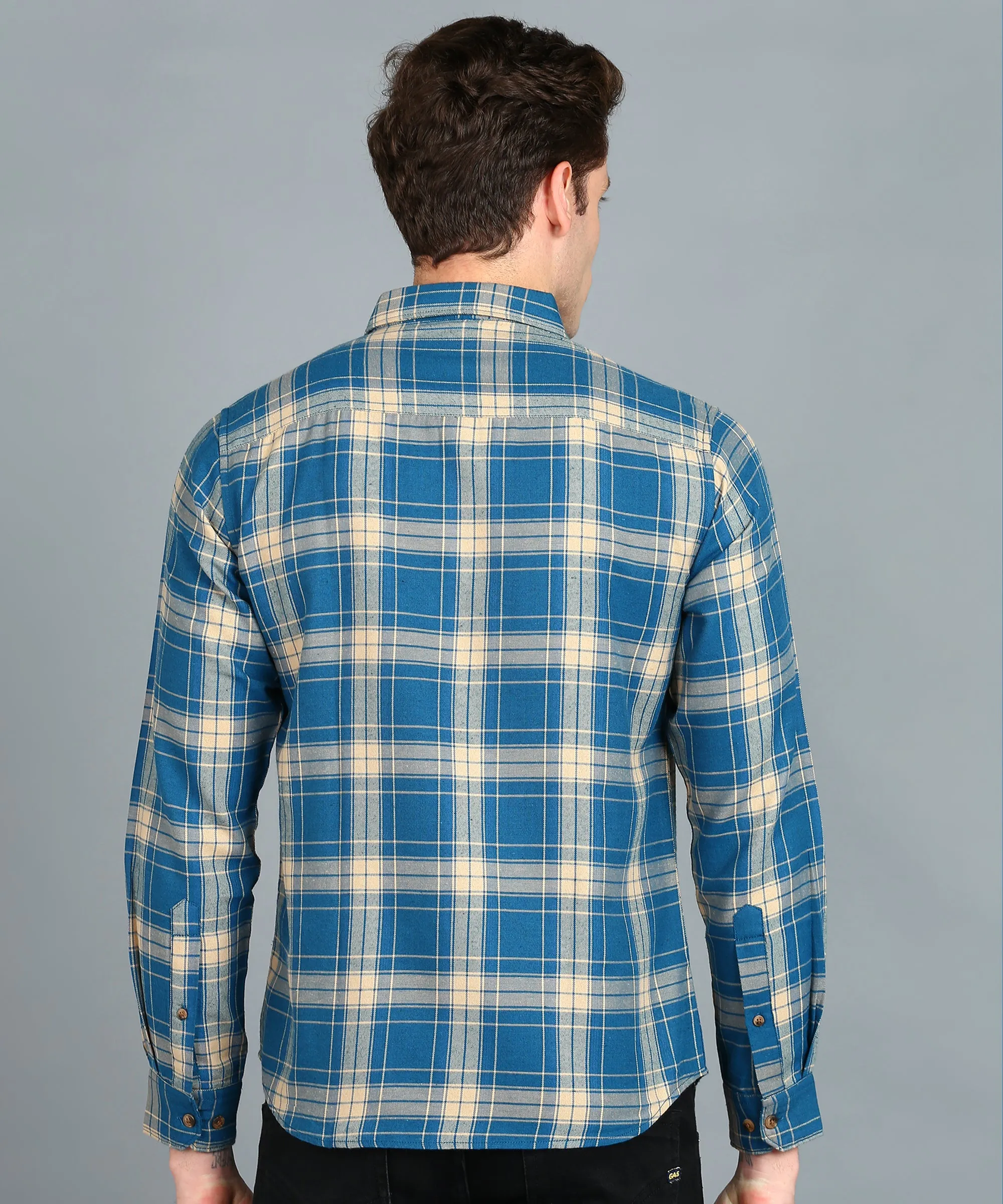 Men's Blue Cotton Full Sleeve Slim Fit Casual Checkered Shirt