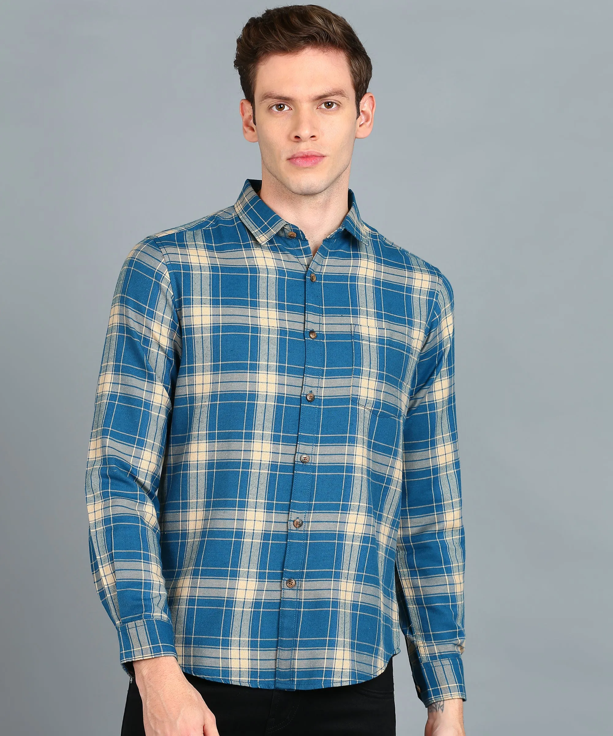 Men's Blue Cotton Full Sleeve Slim Fit Casual Checkered Shirt