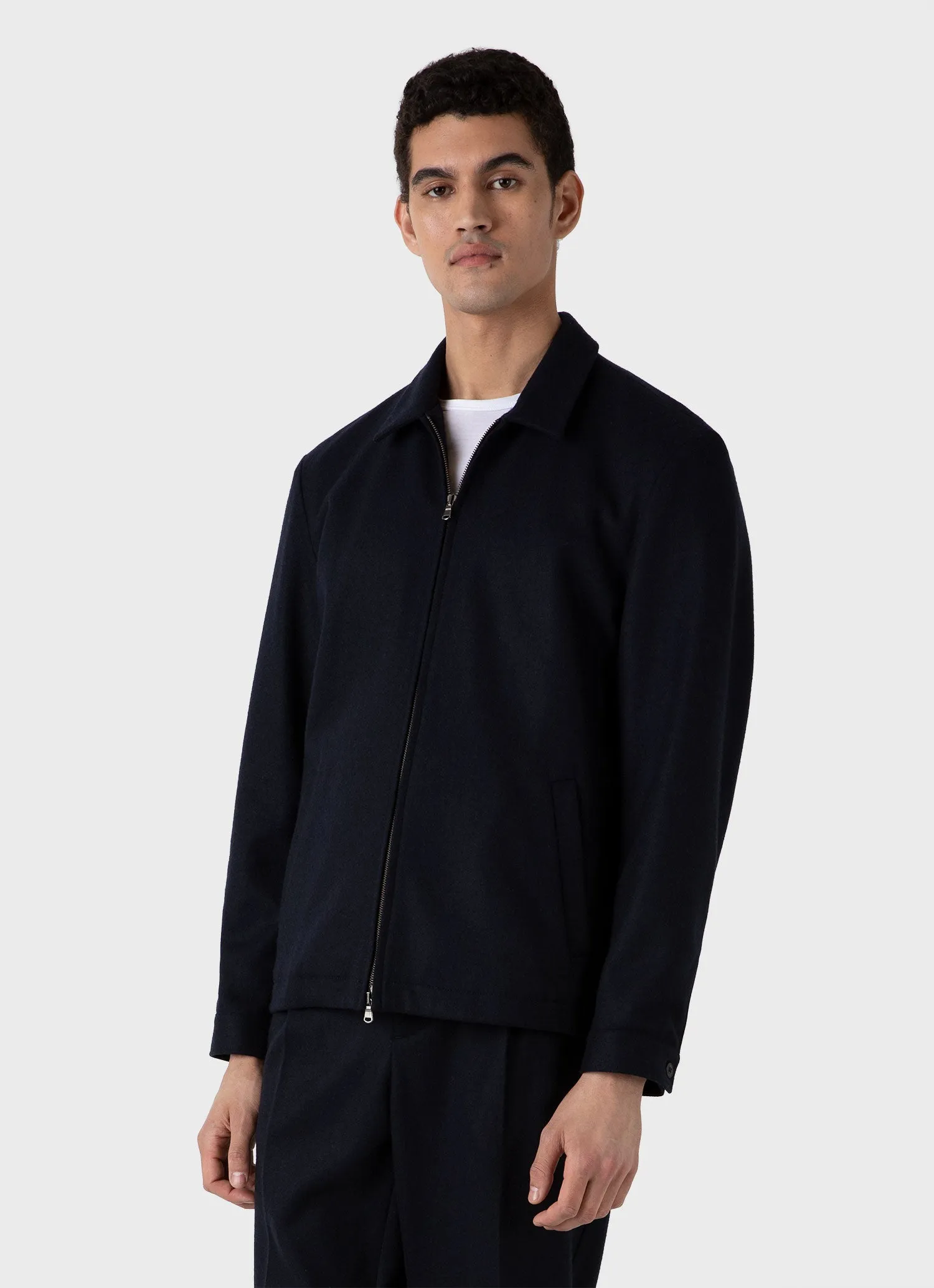 Mens Navy Boiled Wool Zip-Up Jacket with Enhanced Features