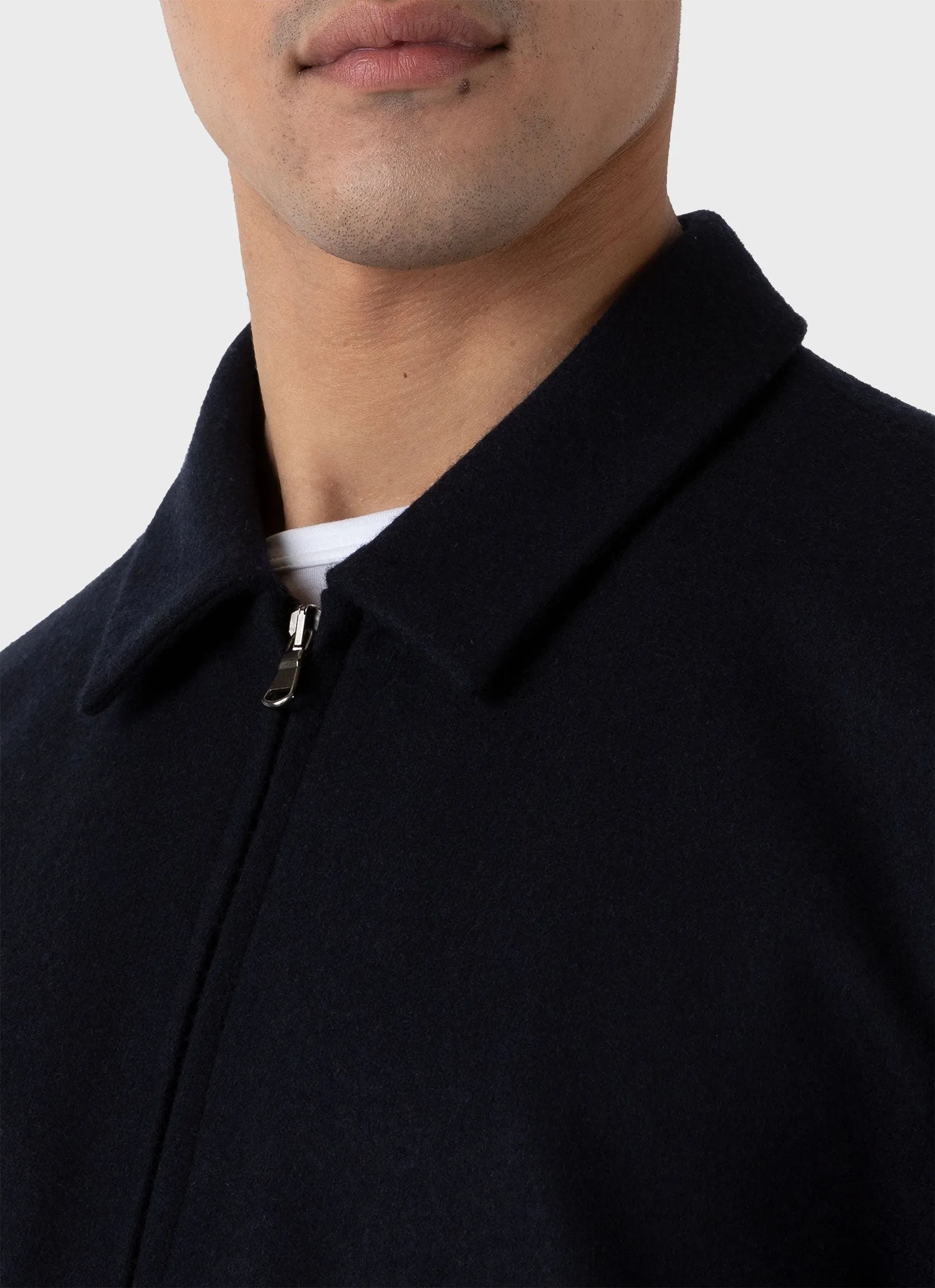 Mens Navy Boiled Wool Zip-Up Jacket with Enhanced Features