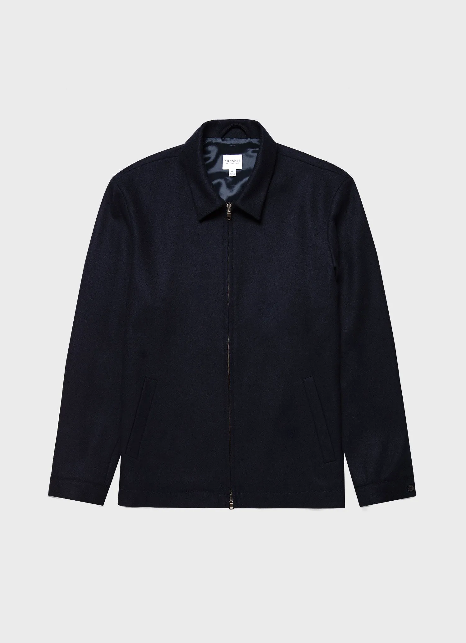 Mens Navy Boiled Wool Zip-Up Jacket with Enhanced Features