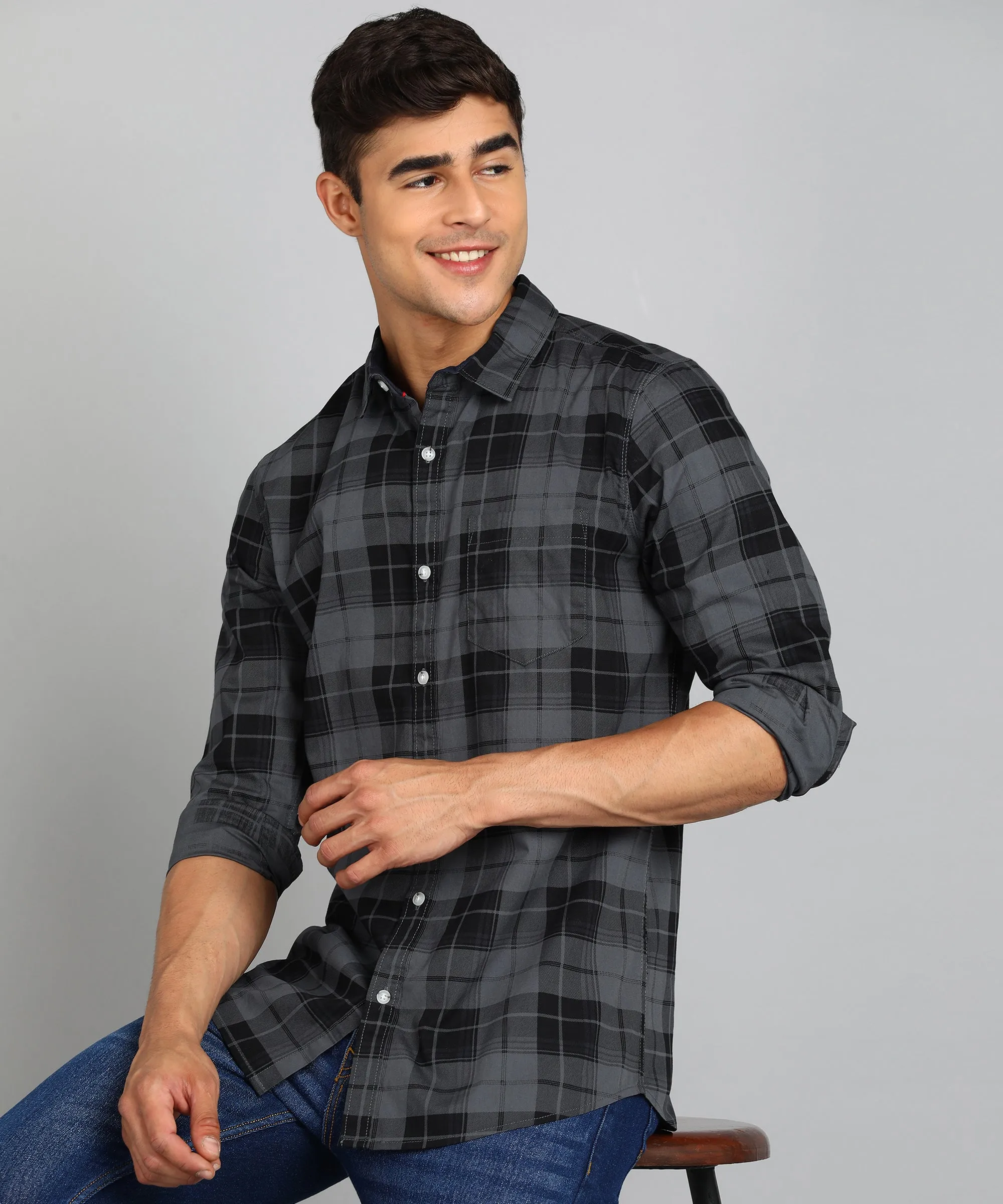 Men's Grey Cotton Full Sleeve Slim Fit Casual Checkered Shirt