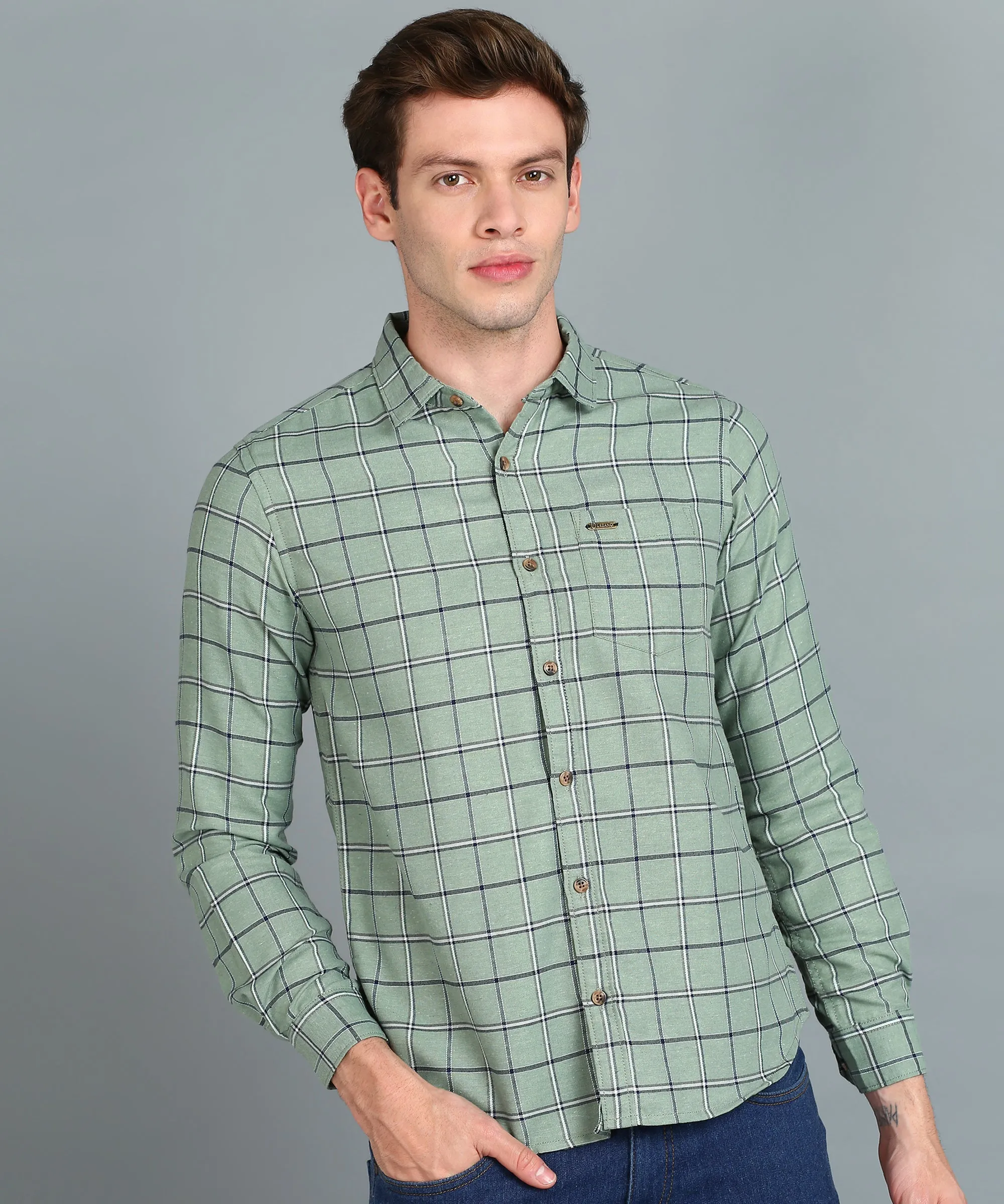 Men's Grey Cotton Full Sleeve Slim Fit Casual Checkered Shirt