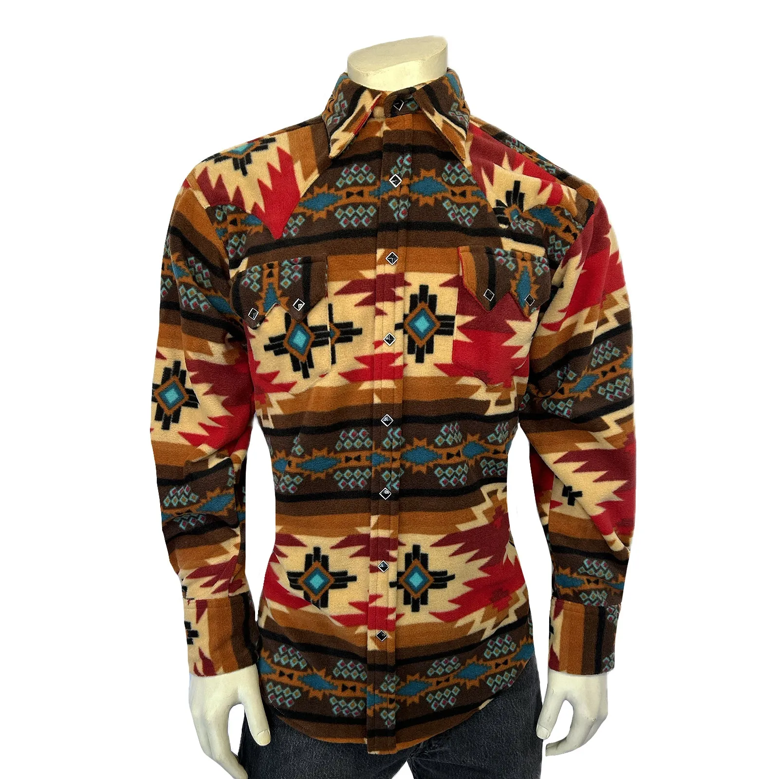 Men's Native Pattern Fleece Western Shirt in Brown & Red