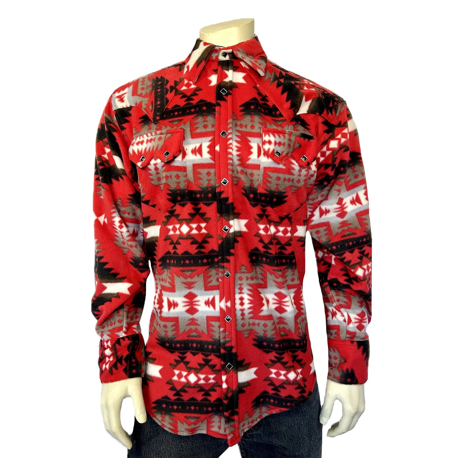 Men's Native Pattern Fleece Western Shirt in Red & Grey