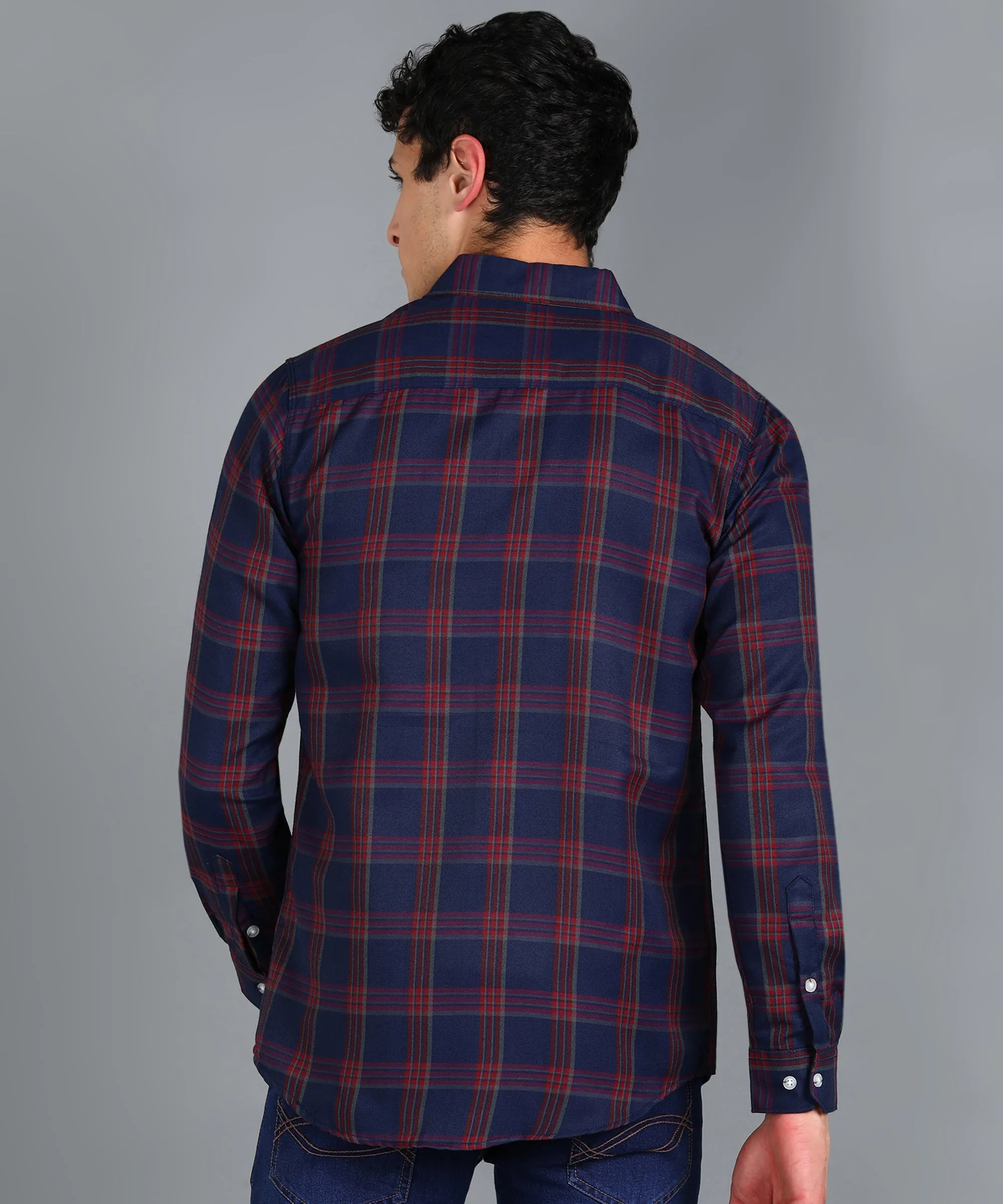 Men's Navy Blue Cotton Full Sleeve Slim Fit Casual Checkered Shirt