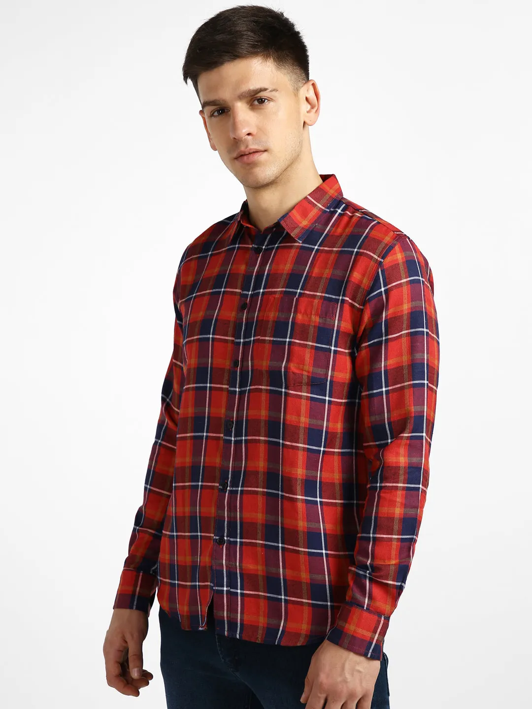 Men's Orange Cotton Full Sleeve Slim Fit Casual Checkered Shirt