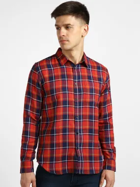 Men's Orange Cotton Full Sleeve Slim Fit Casual Checkered Shirt