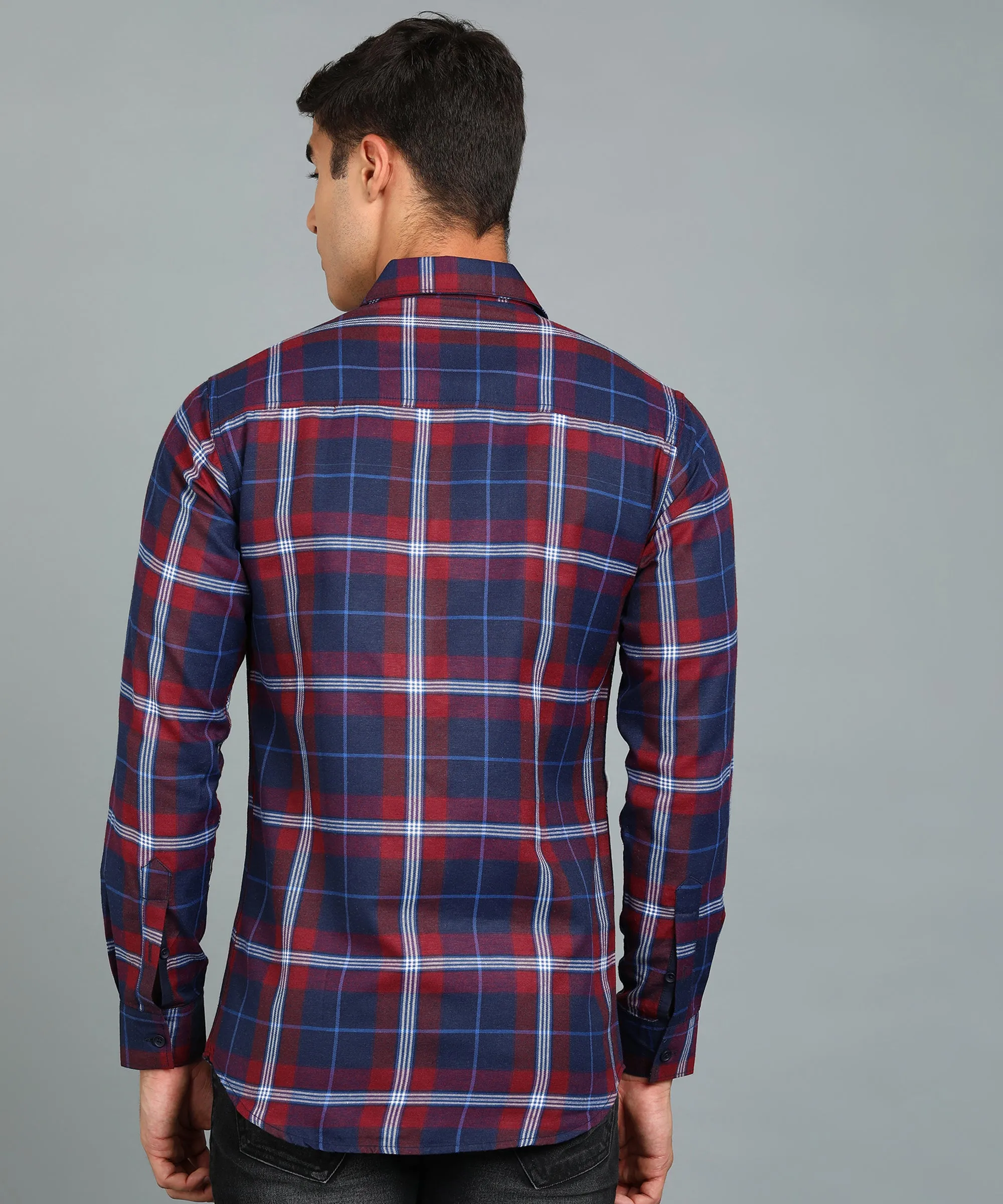 Men's Red Cotton Full Sleeve Slim Fit Casual Checkered Shirt