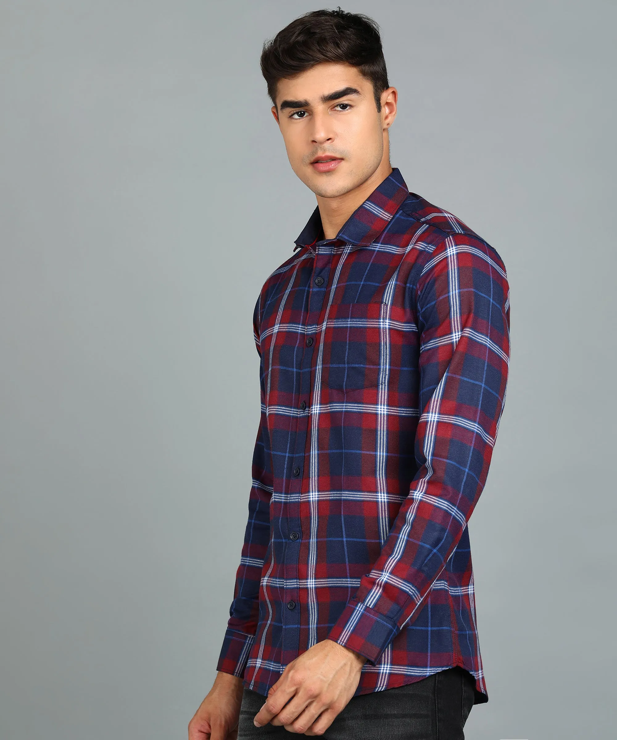 Men's Red Cotton Full Sleeve Slim Fit Casual Checkered Shirt