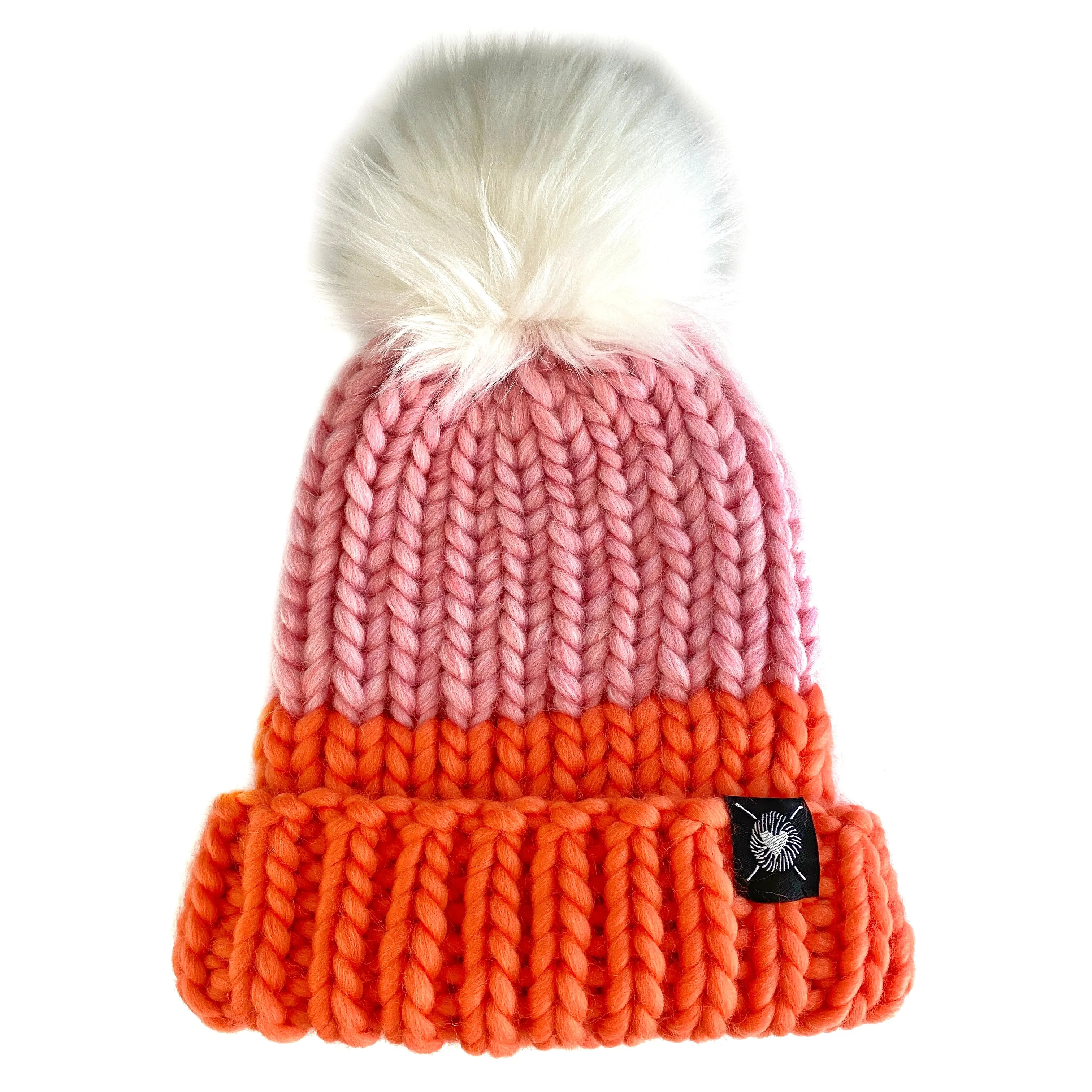 Merino Folded Brim Faux Fur Pom-Pom Beanie in Sweet Treat