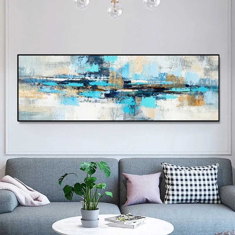 Modern Abstract Wide Format Wall Art Shades Of Blue Beige Gray Contemporary Pictures For Bedroom Above The Bed Or Above The Sofa