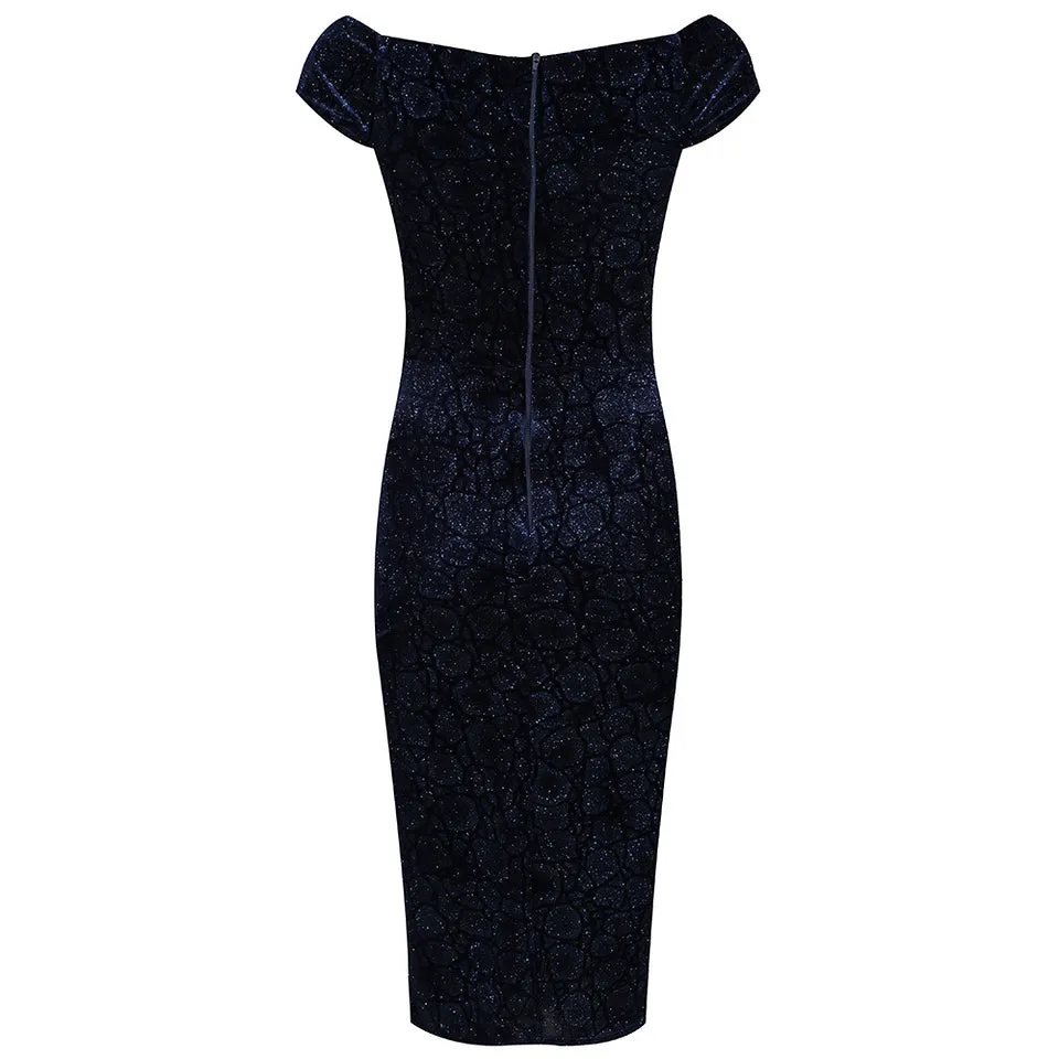 Navy Blue Vintage Animal Print Velvet Capped Sleeve Wiggle Dress