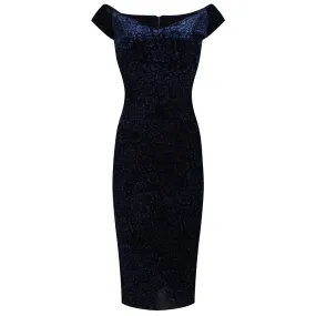 Navy Blue Vintage Animal Print Velvet Capped Sleeve Wiggle Dress