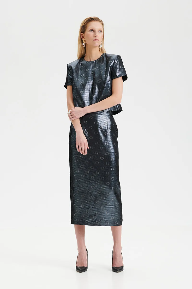 O-logo sequin jacquard skirt in steel blue