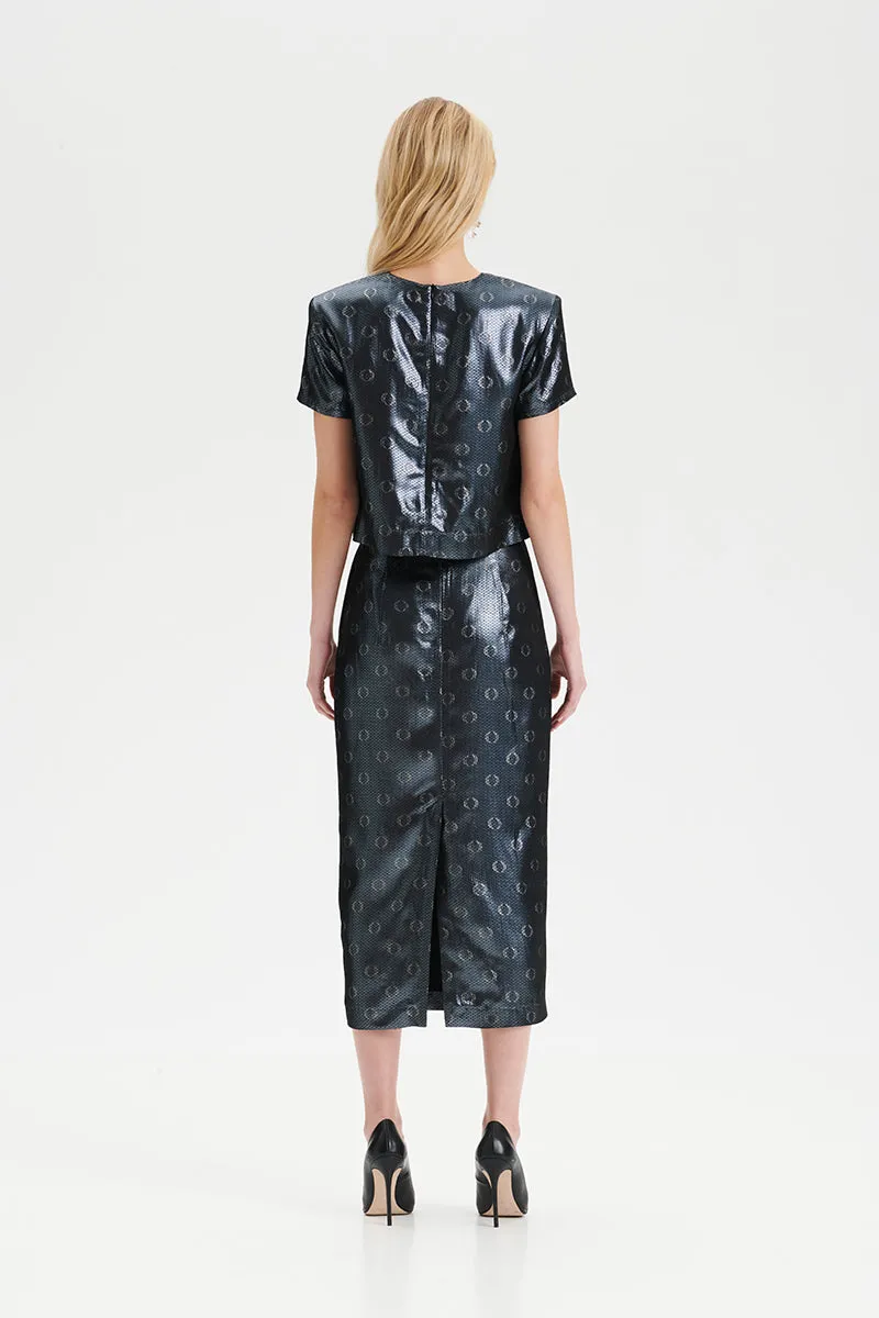 O-logo sequin jacquard skirt in steel blue