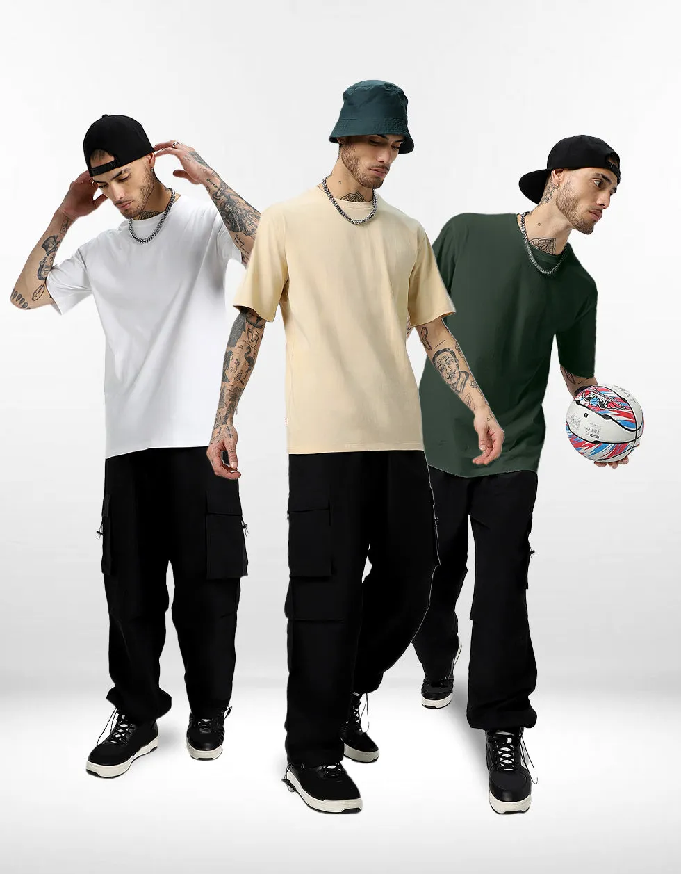 Pack of 3 Solid Oversized T-shirts: White, Swan White, Olive