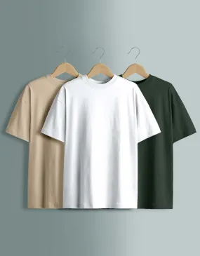 Pack of 3 Solid Oversized T-shirts: White, Swan White, Olive