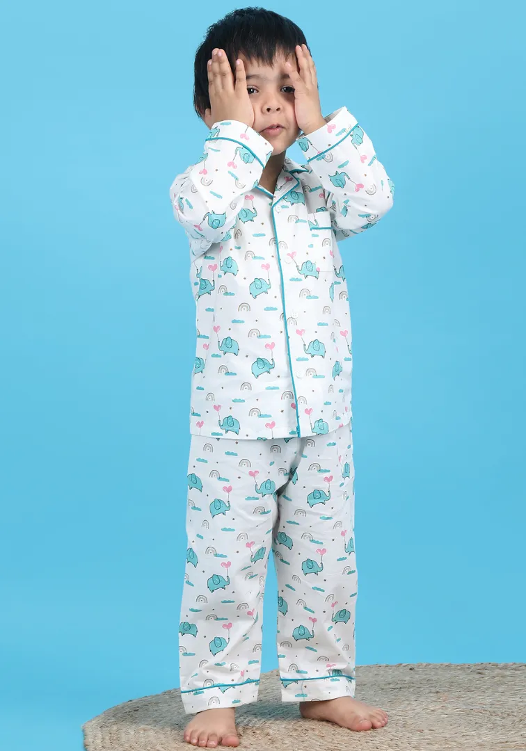 Polka Tots Full sleeve Elephant print Night suit - White