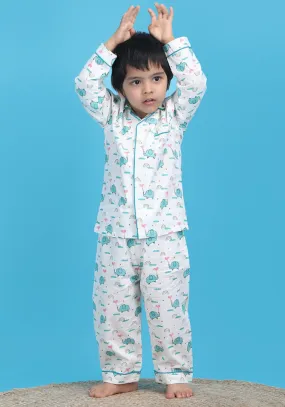 Polka Tots Full sleeve Elephant print Night suit - White