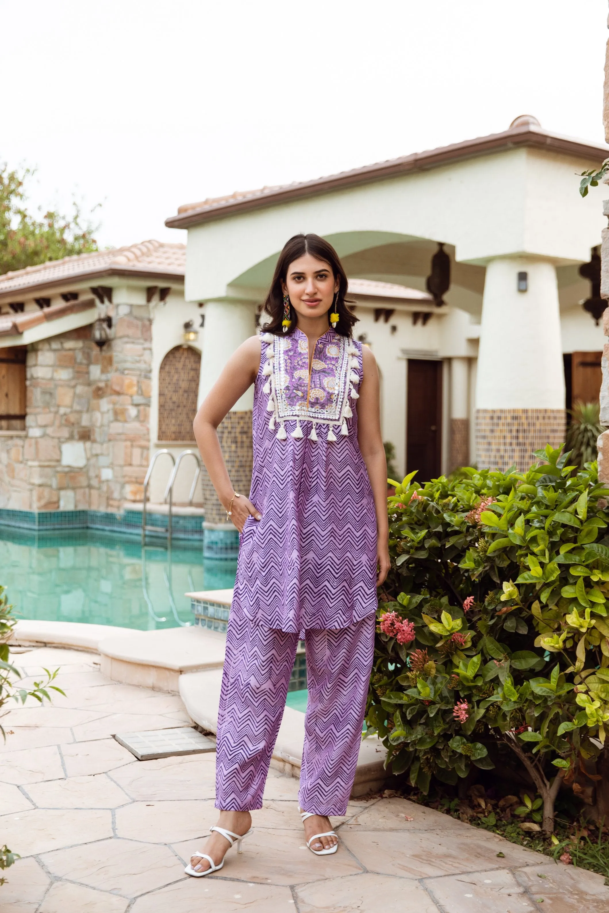 Purple Zigzag Handblock Print Chanderi co-ord Set