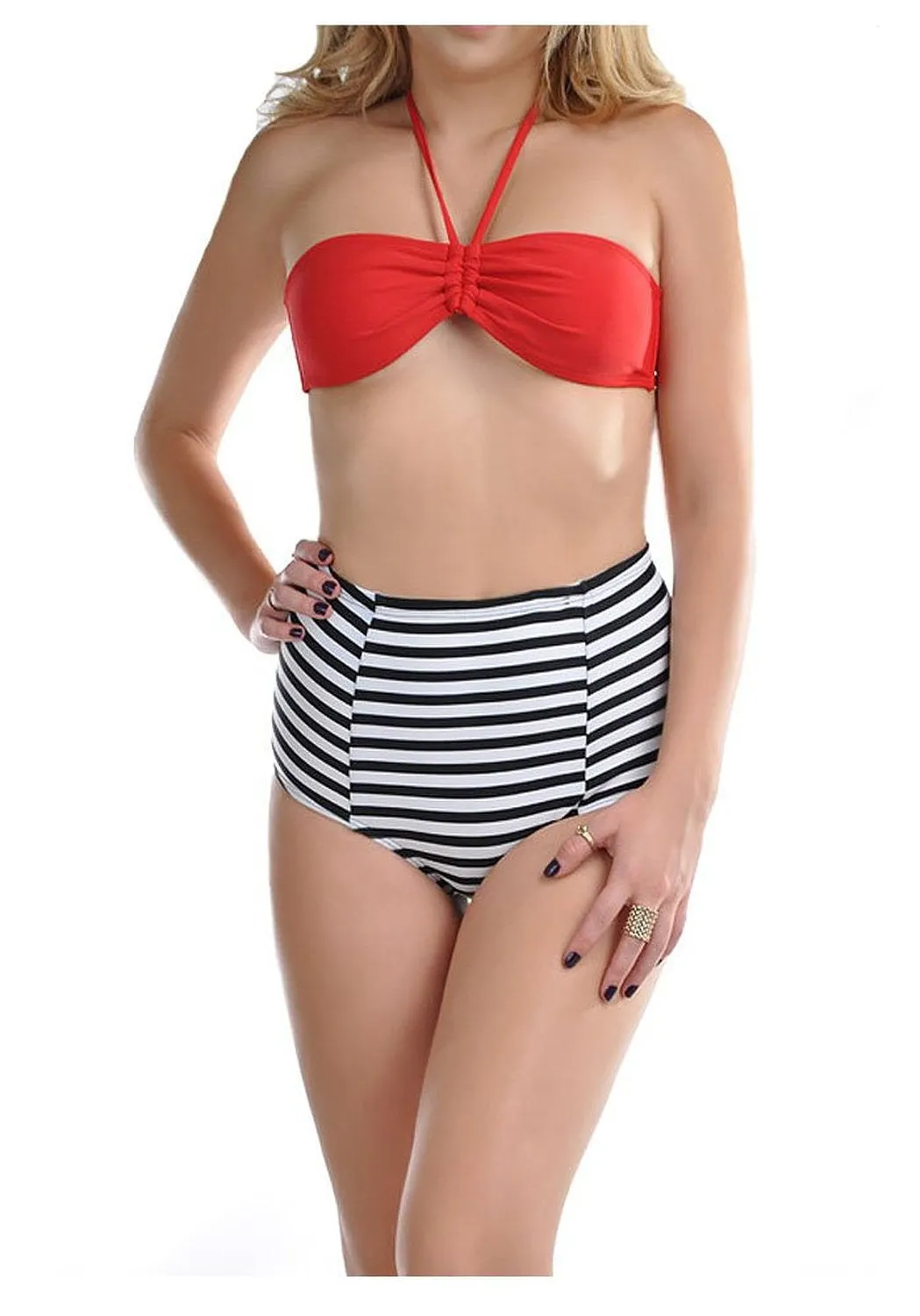 Red Striped High Waisted Halter Bandeau Two Piece Bikini Swimsuit