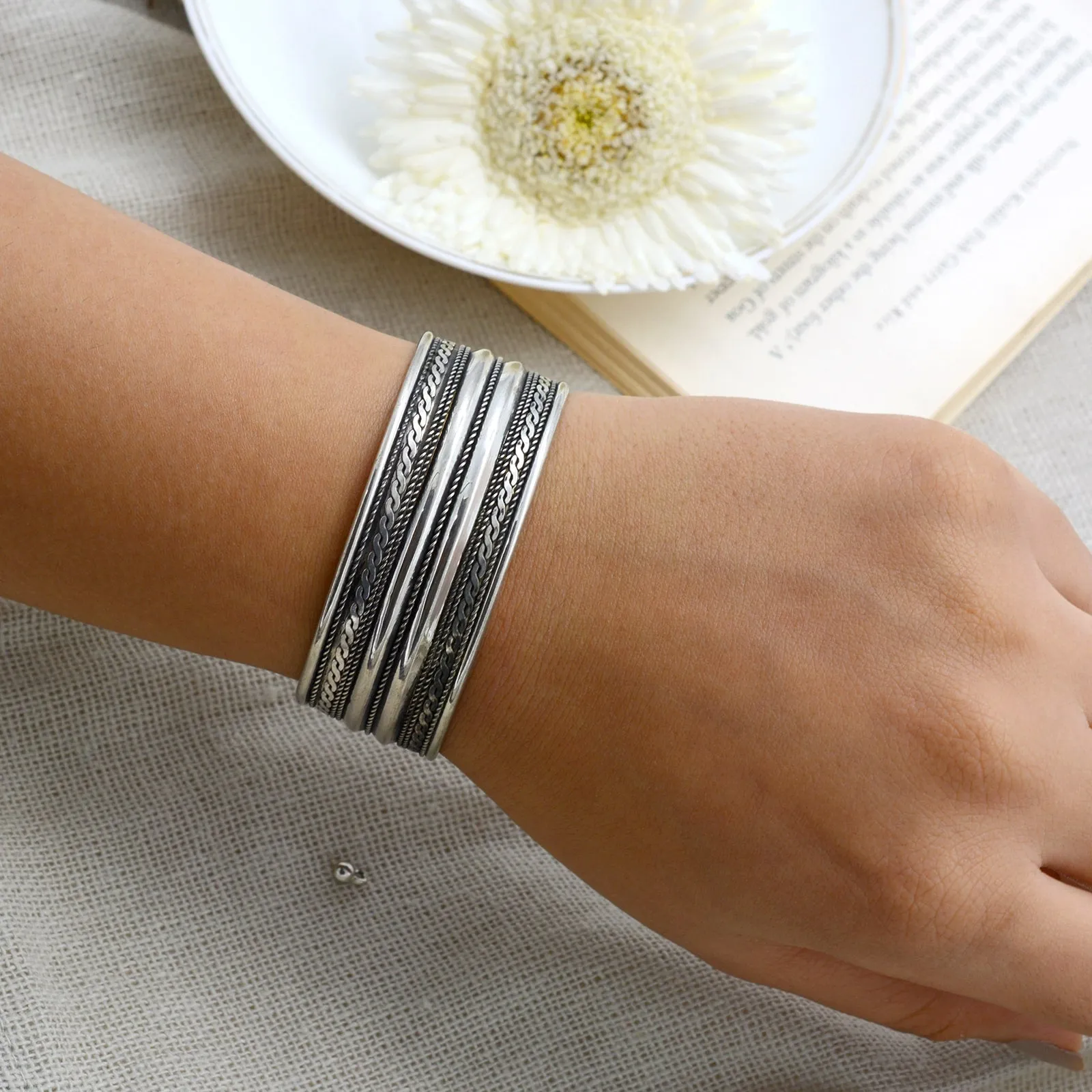 Shreya Embossed Silver Oxidized Bracelet Cuff