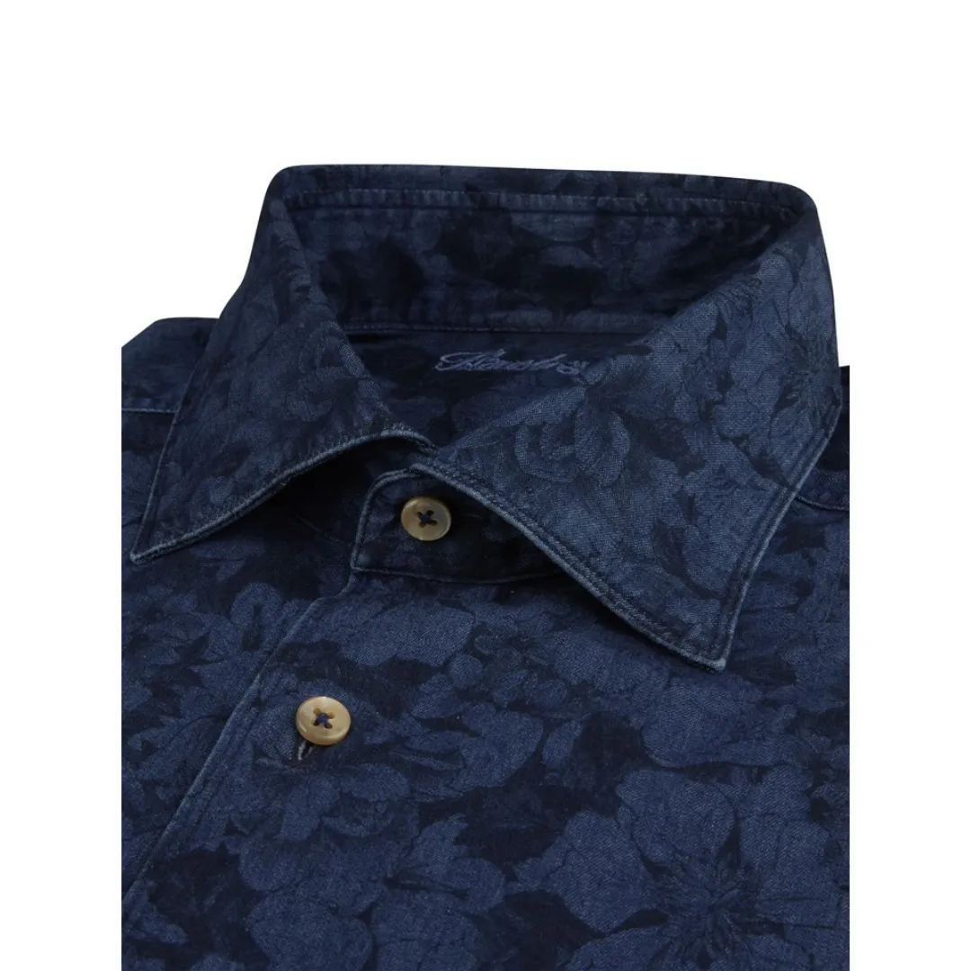 Stenstroms Navy Floral Denim Shirt - Fitted Body