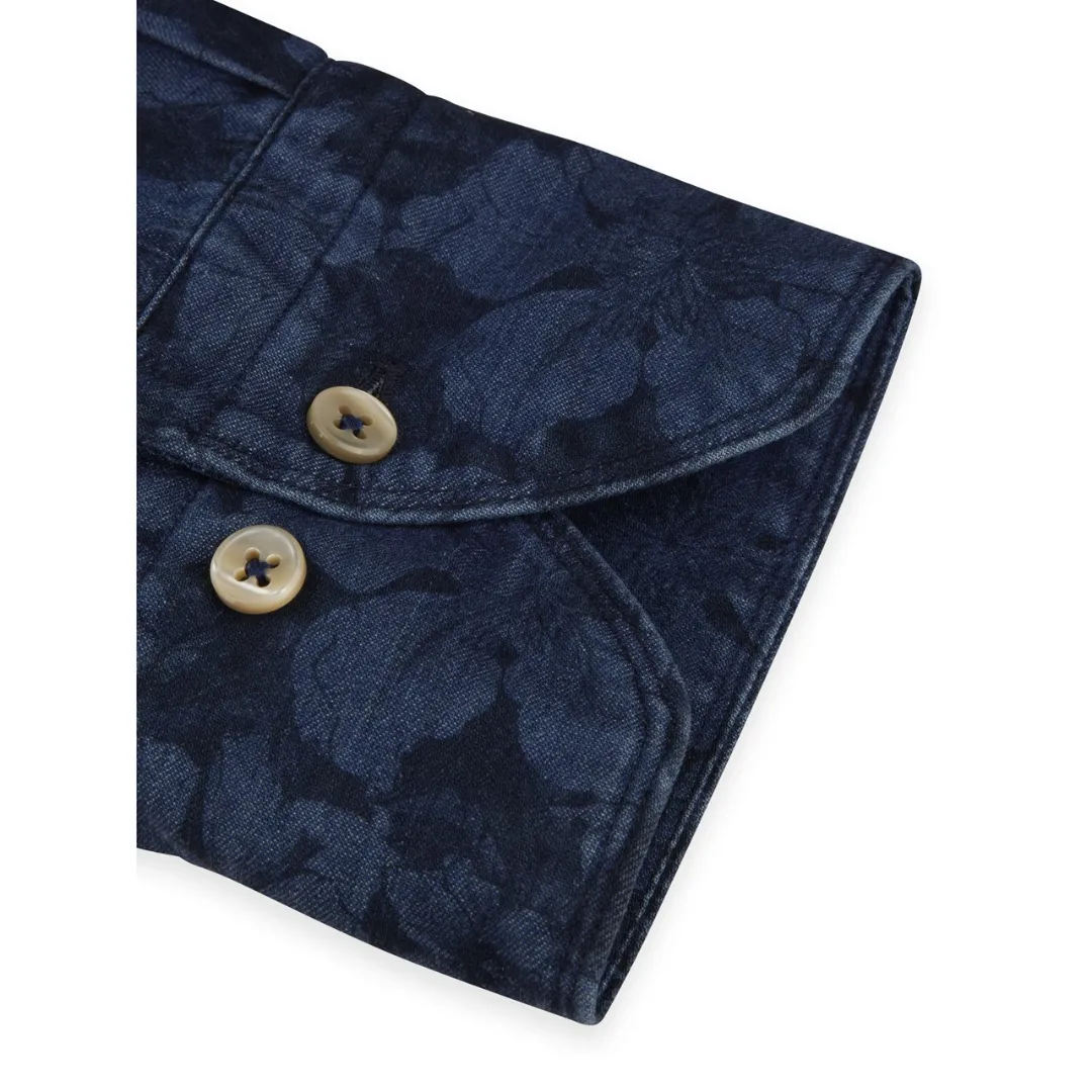 Stenstroms Navy Floral Denim Shirt - Fitted Body