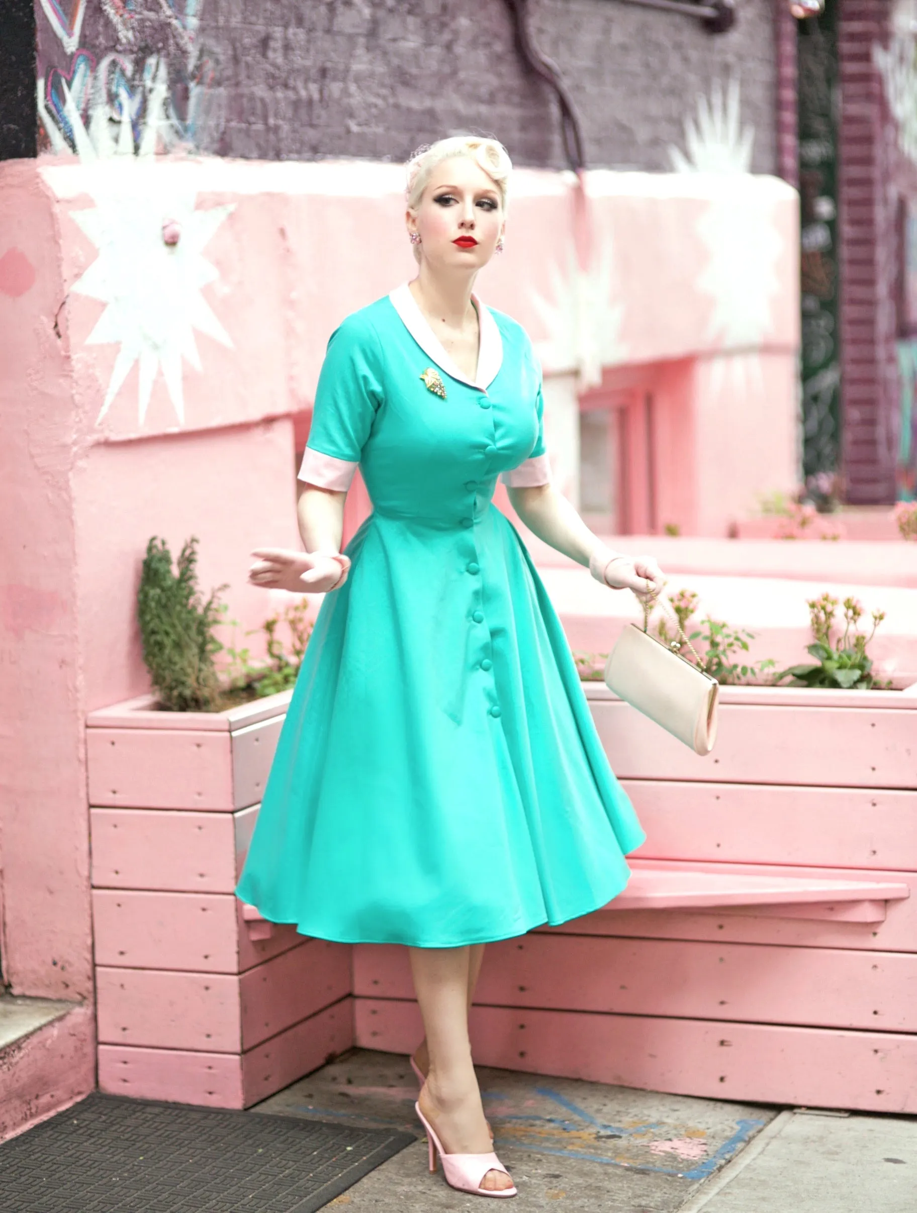 swing turquoise dress - light pink contrast