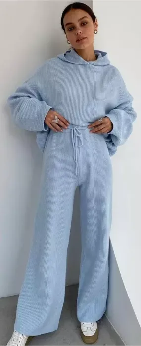 Two Piece Hoodie Sweater and Knitted Pant Set